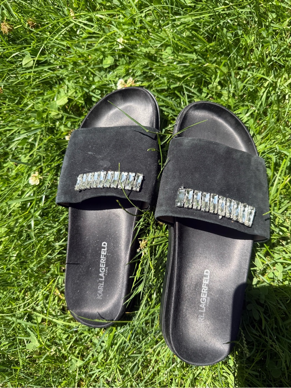 Karl Lagerfeld Black Suede Slide Sandals with Crystal Accents